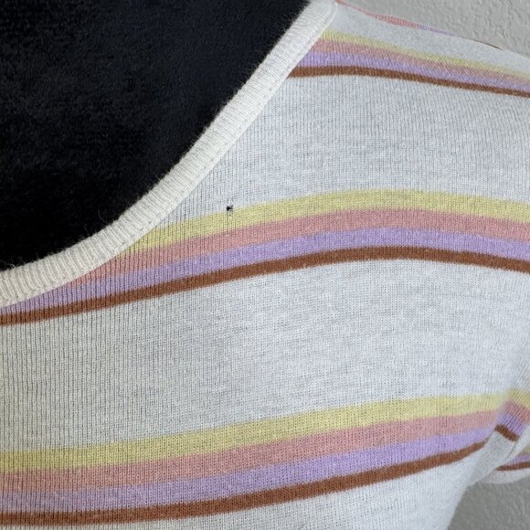 Billabong Womens Striped Short Sleeve Crewneck Top Size L White With Pink Yellow - Picture 2 of 5